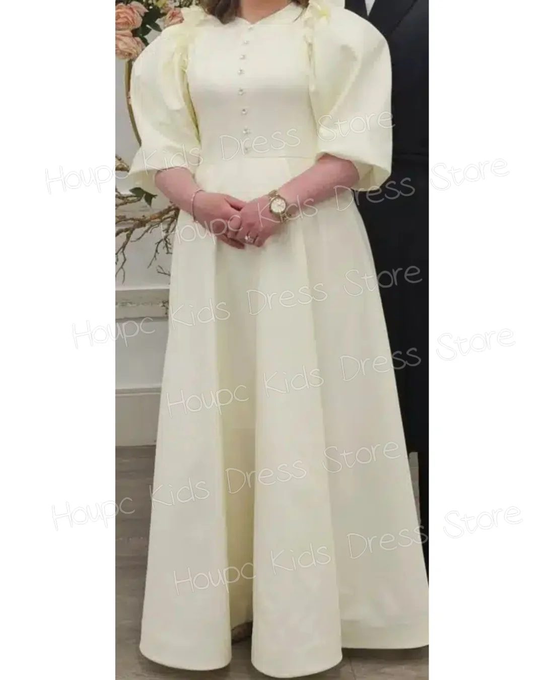 Girls Ivory Satin Dress Pearl Button Puff Sleeve V-Neck A-Line Maxi Gown Kids Flower Girl Wedding Party Formal Vestidos