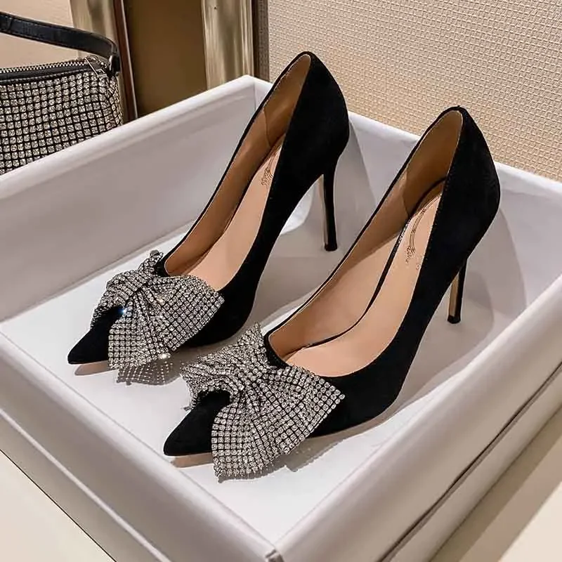 Bow Rhinestone Pumps Pointed Toe High Heels Black Stiletto Shallow Frosted Shoes Women Shoes Sandals Zapatos Mujer Primavera