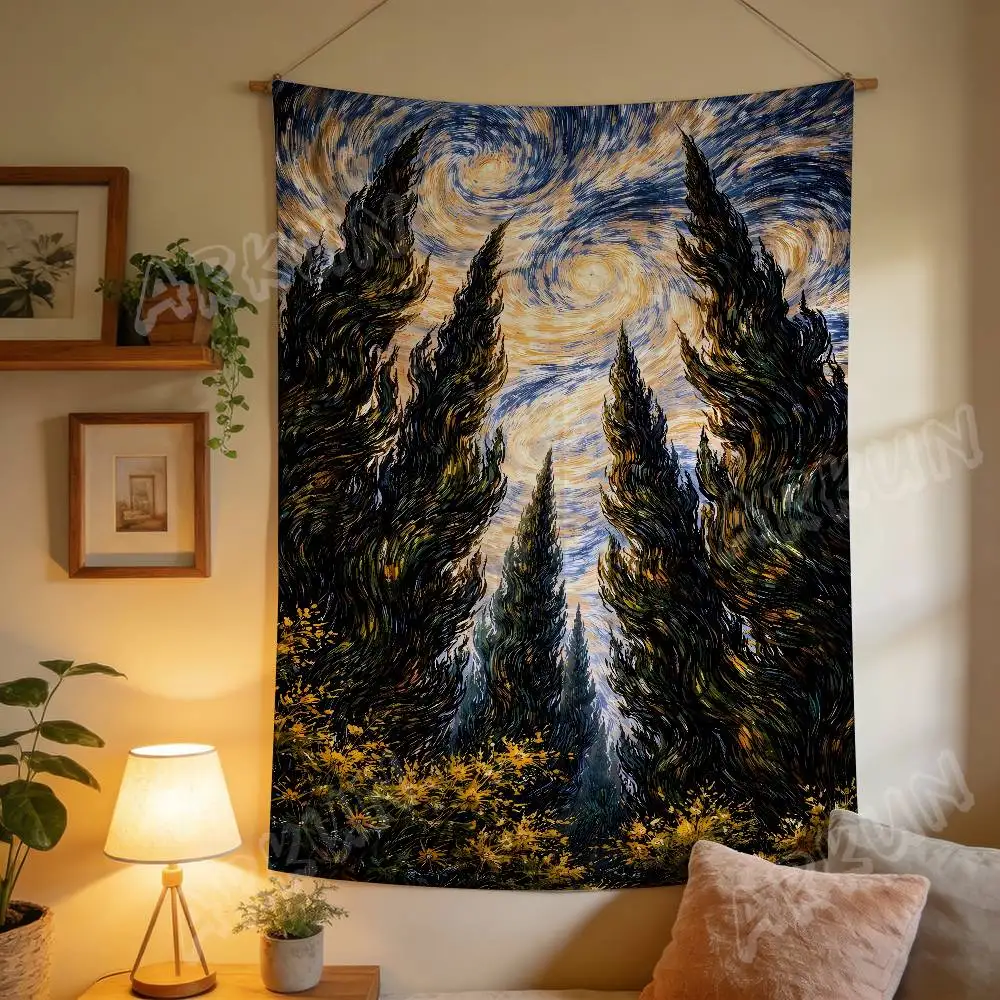 

Swirl Starry Sky Wall Hanging Tapestry Lake Tree Sunflower Scenery Print Background Cloth for Dorm Studio Gallery Wall Decor