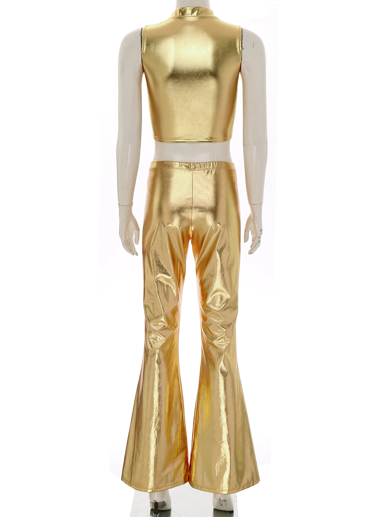 Women Metallic Shiny 70s 80sDisco Dance Outfit Party Sleeveless Crop Top And Bell-bottom Flared Pants Club Stage Performance Set