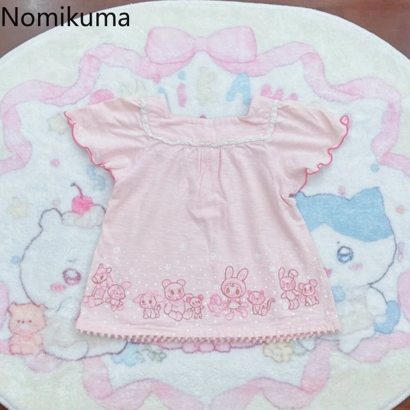 ملابس حريمي Y2k بلايز تحلق كم ساحة طوق الصيف Camisetas عادية شيك أرنب تي شيرت مطبوع اليابانية الحلو لطيف القمم #2