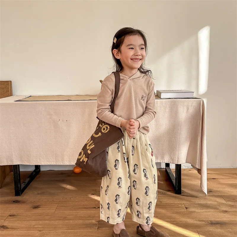 Spring 2025 Children Girls Harem Pants 1-7 Years Old Girls Penguin Printed Trousers Washed Cotton Infant Baby Girls Ruched Pants