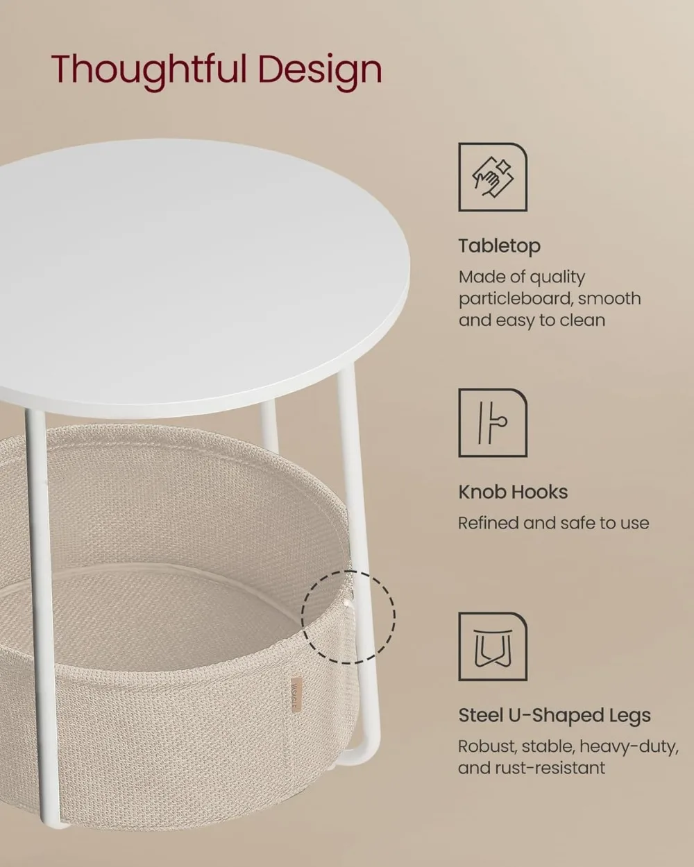 Modern Round Side Table with Fabric Storage Basket, Small Nightstand in Matte White and Brown