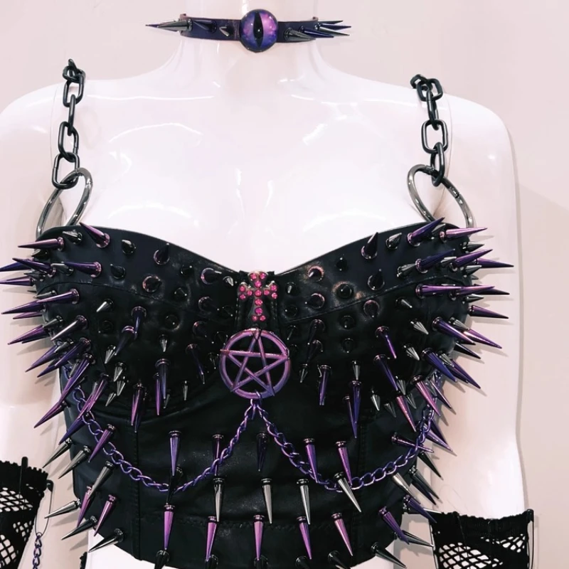 Original Design Neue Heavy Metal Niet Punk Rock frauen Top Gothic Dark Subkultur Süße Kühle Sexy Mesh Langen Rock set Damen