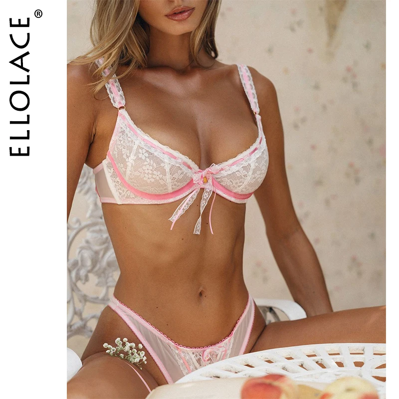 Ellolace Coquette Sexy Female Lingerie Forever Contrast Color Bra Brief 2PC Set See Through Youth Girl Bowknot Kit Pure Desire