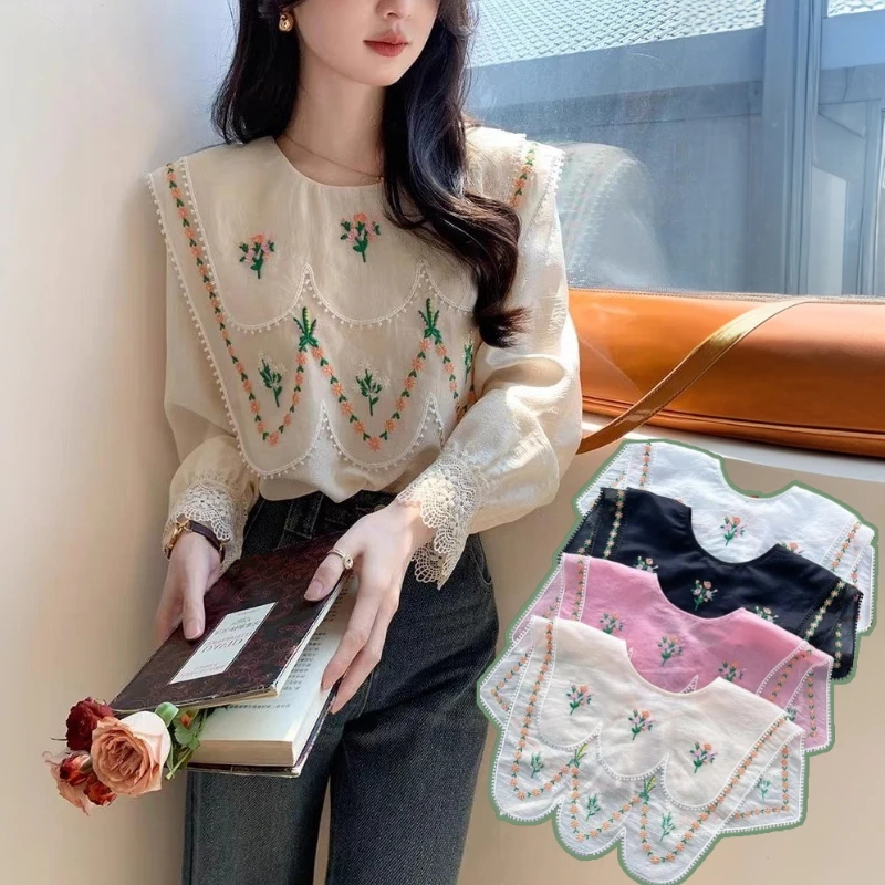 

Floral Embroidery Faux Collar Doll Lapel Shawl Fake Collar For Women Shirt False Collar Shoulder Wrap Tie Lace Sweater Decors