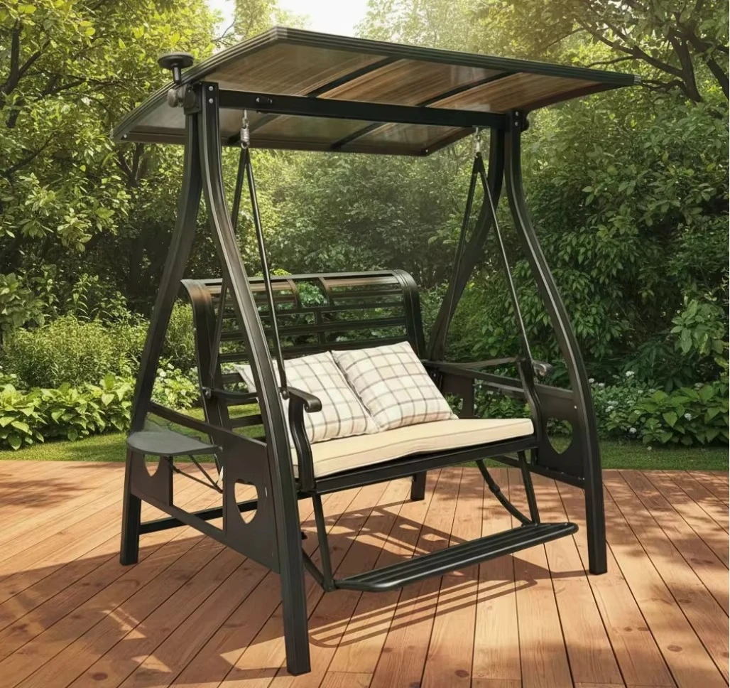 

Hot Sale Luxury Modern Solar Powered Outdoor Patio Swing Chair Hardtop Canopy 2 Person Aluminum Glider Waterproof Quick-Dry