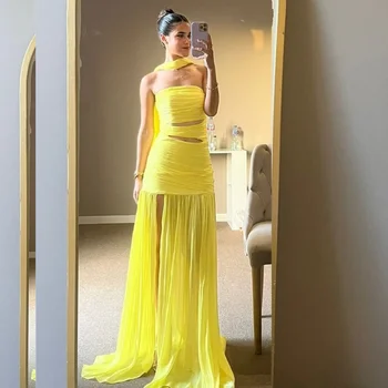 Aangepaste sexy chiffon plooi a-lijn strapless lange jurken avondjurken klassieke prachtige moderne stijl pastorale unisex chines