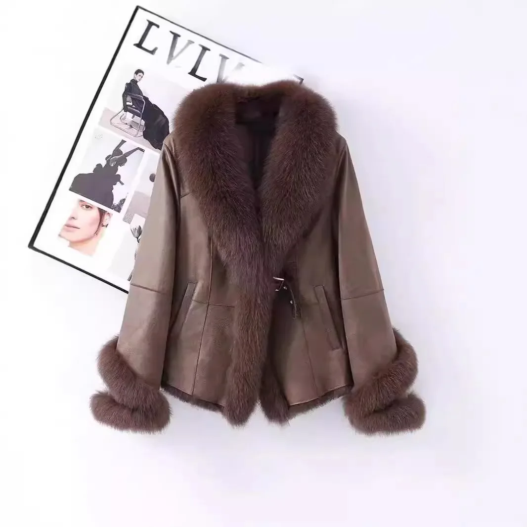 New rabbit fur + suede fabric fox big fur collar jacket for women