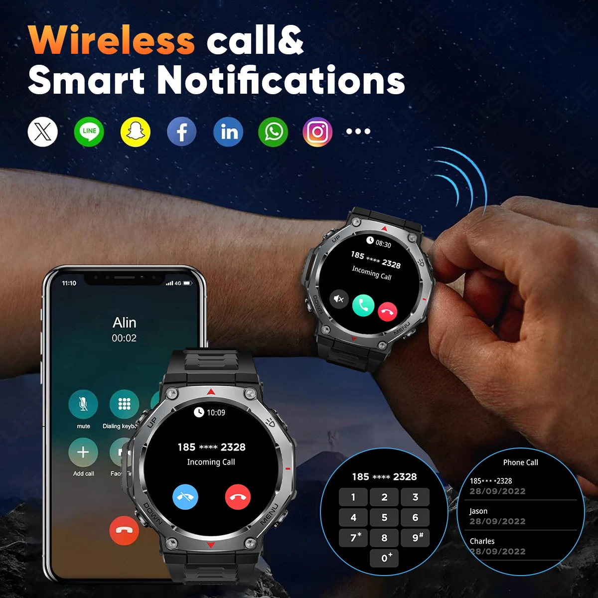 นาฬิกาสมาร์ทวอทช์สำหรับผู้ชายรุ่นใหม่สำหรับกิจกรรมกลางแจ้ง LIGE กันน้ำระดับ ATM พร้อม GPS ติดตามการเคลื่อนไหว วัดอัตราการเต้นของหัวใจ หน้าจอ HD รองรับการโทรผ่านบลูทูธ พร้อมไฟ UV