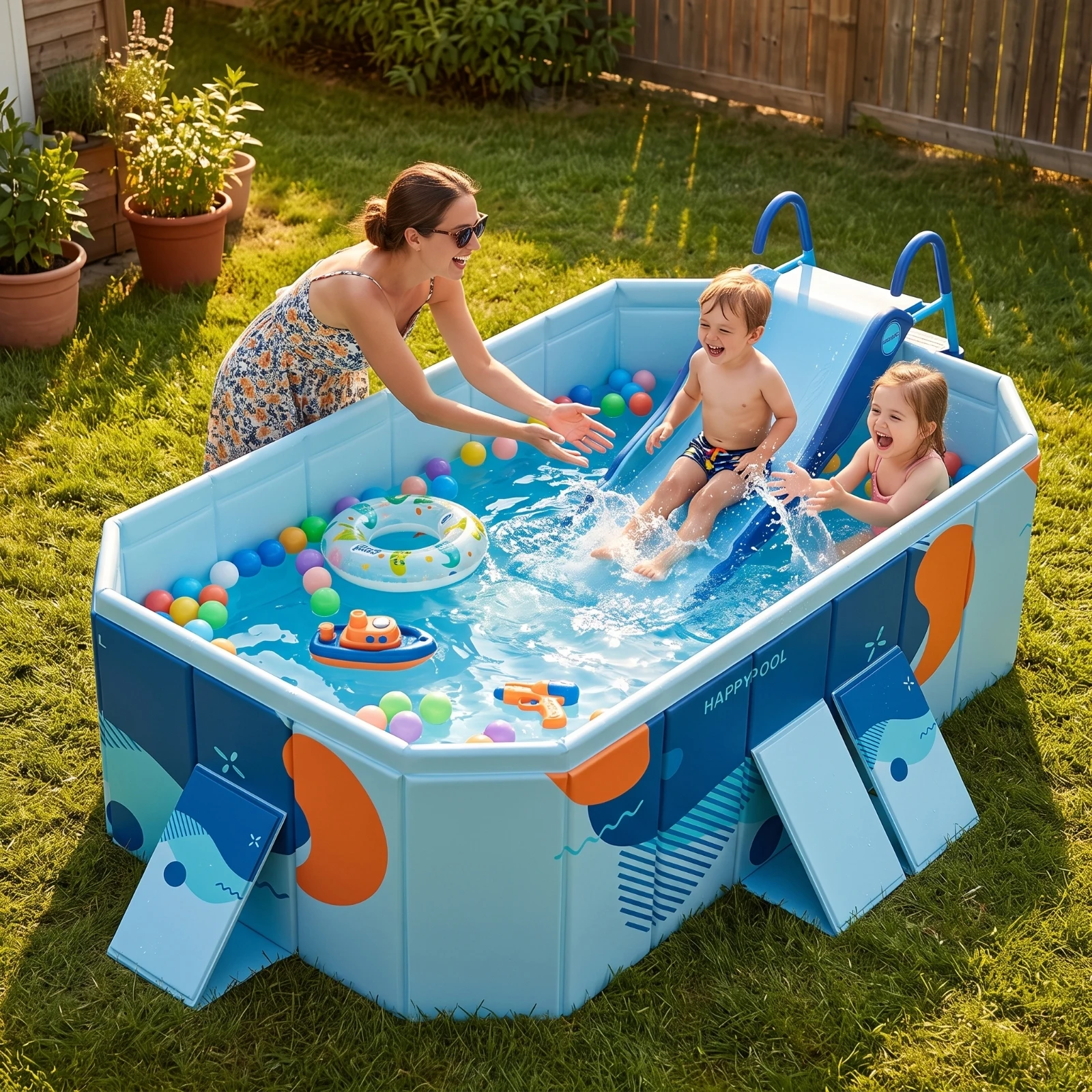 Pool with Slide Foldable Non-Inflatable Pool Large Sturdy for Children, Backyard, Garden