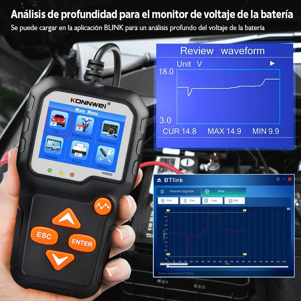 KONNWEI KW650 Car Motorcycle Battery Tester 12V 6V  Battery System Analyzer 2000CCA Charging Cranking Test Tools for the Car