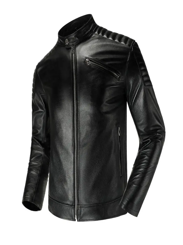 

Genuine Leather Jacket Men's Calfskin Top Layer Cowhide Handsome Stand Collar Black Motorcycle Coat New Style