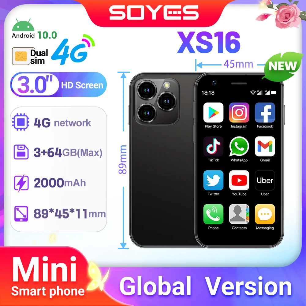 هاتف ذكي SOYES XS16 Mini 4G LTE Android10.0، ذاكرة وصول عشوائي 3 جيجابايت، ذاكرة قراءة فقط 64 جيجابايت، كاميرا 5 ميجابكسل، شرائح مزدوجة مع متجر اللعب واتساب