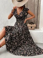Talla grande transfronteriza europea y americana novedad de verano estilo moda Floral manga larga cintura conexión oscilante grande