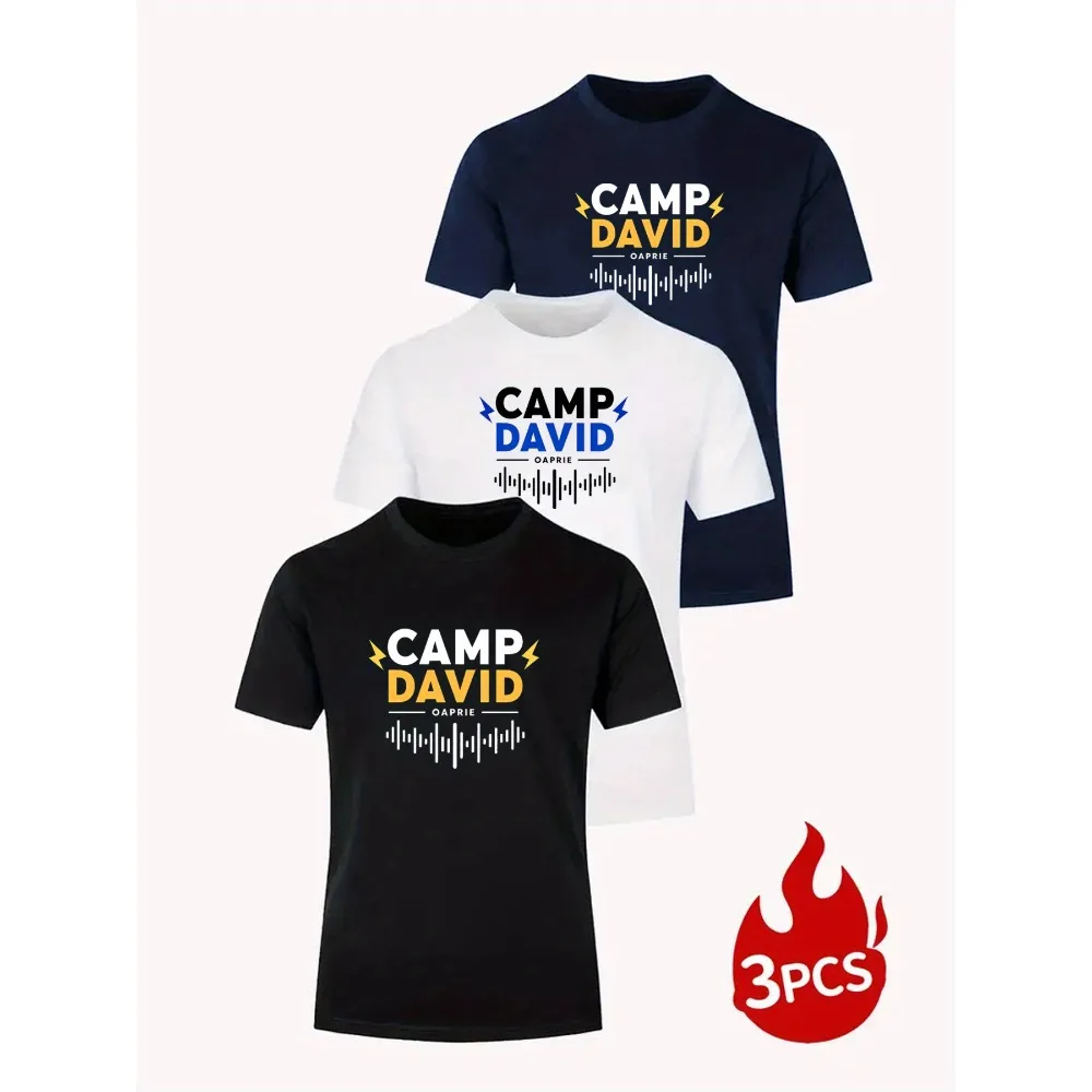 3 قطع تي شيرت رجالي - ملابس صيفية كاجوال ورياضية، مطبوعات برسومات البرق "CAMP DAVID" جريئة، قماش محبوك قابل للتمدد قليلاً، #1