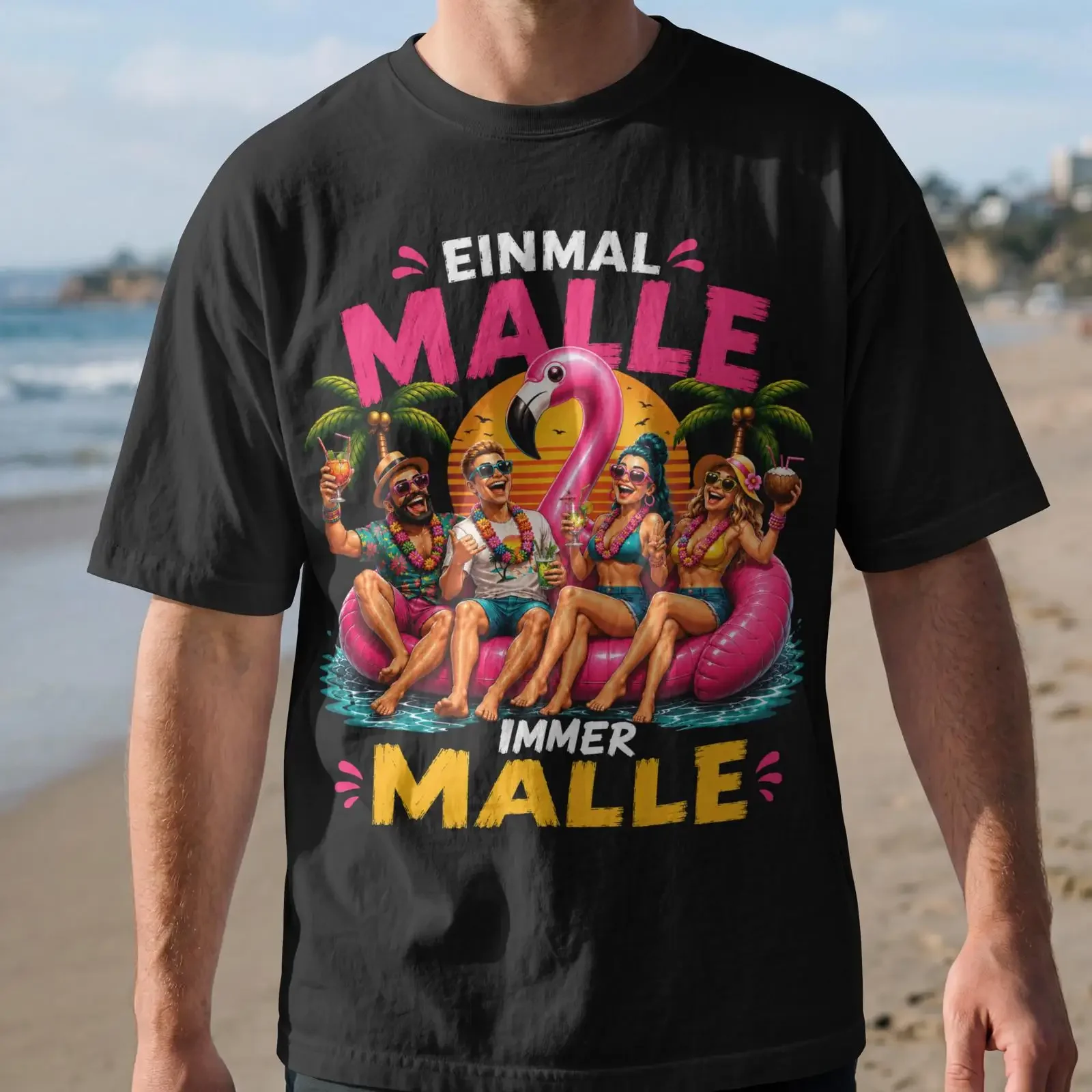 Einmal Malle Immer Funny Flamingo Beach Party T Shirt Summer Mallorca Holiday Vacation Oversized  vintage Washed Versatile