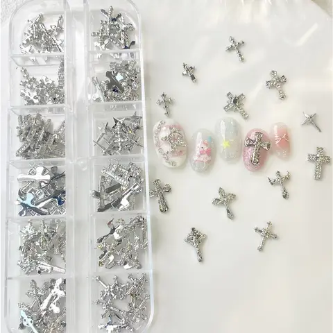12 Grids Punk Cross Mix Shape 3D Silver Metal Nail Decoration INS Retro Cross Alloy Vintage DIY Nails Art Charms