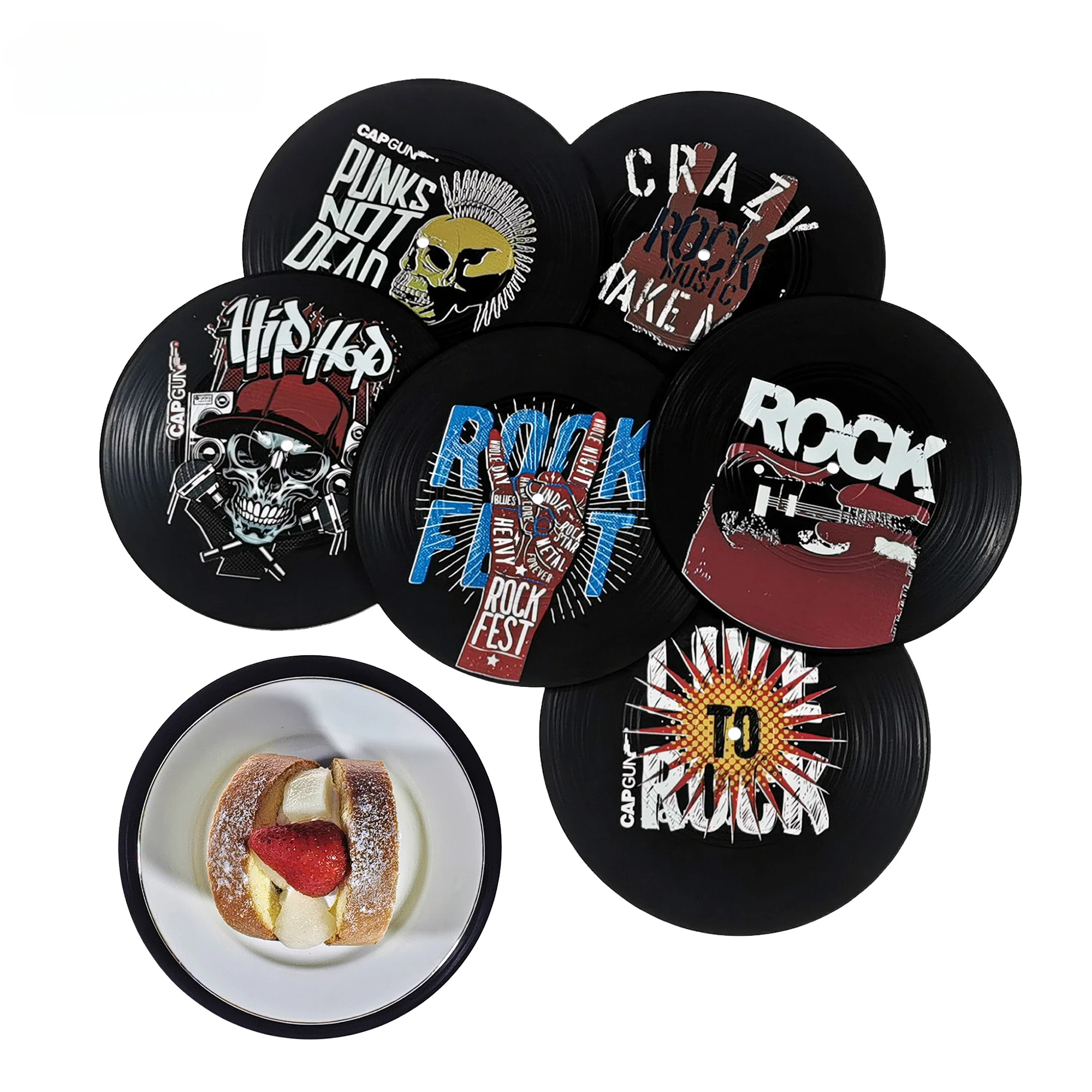 6pcs Vinyl Record Table Mats Drink Coaster Hip Hop Table Placemats Heat-resistant Nonslip Pads Home Decor Creative Cup Coaster