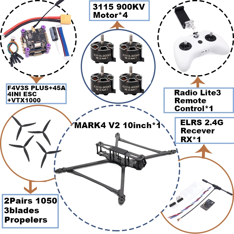 MARK4 V2 10inch F4V3S/F4V3S PLUS Flight Control 45/60A 4INI ESC Rack Drone FPV Carbon Fiber PV Racing Drone Quadcopter Freestyle view 2
