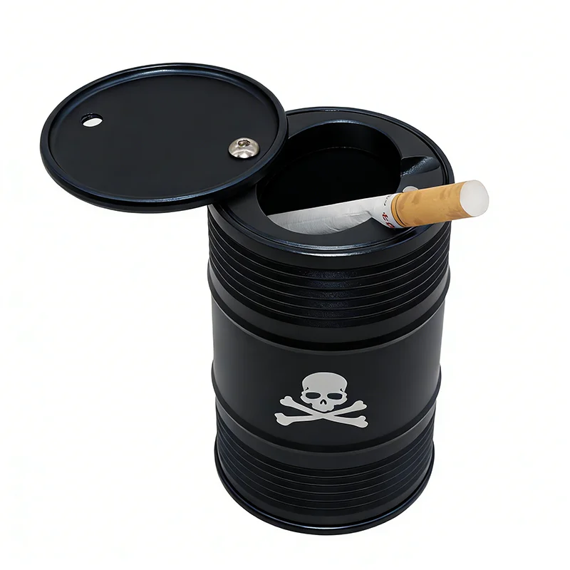 

2026 Creative Oil Drum Shape Skull Car Ashtray Alloy With Lid Rotating Holder Cigarette Smoke Remover Cup Interior Accessories