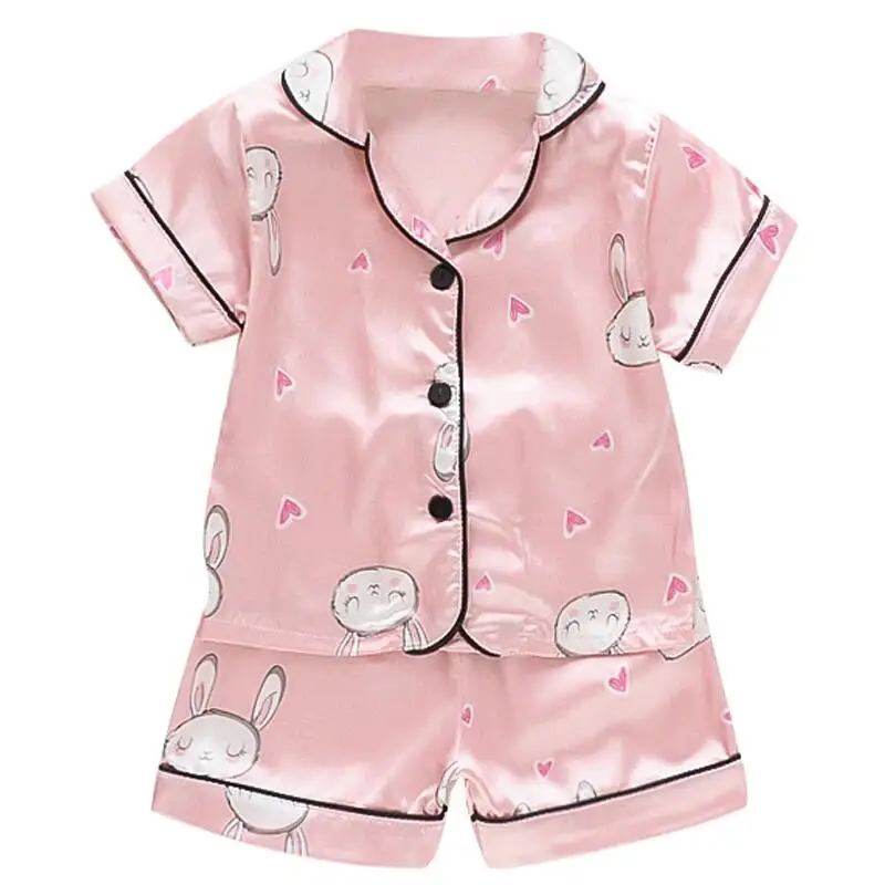 LJW children\'s pajama set solid color long sleeved lapel baby silk satin top and pants set for home decoration baby pajamas