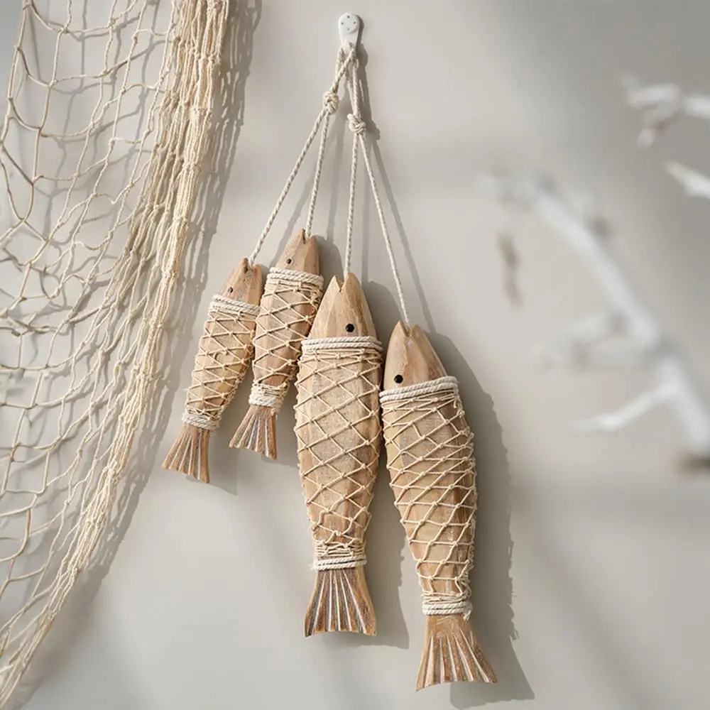 Carved Antique Wood Fish Wall Hanging Art Decor Nautical Hand Carved Wooden Ornament for Home Nautical Theme Mediterranean Style