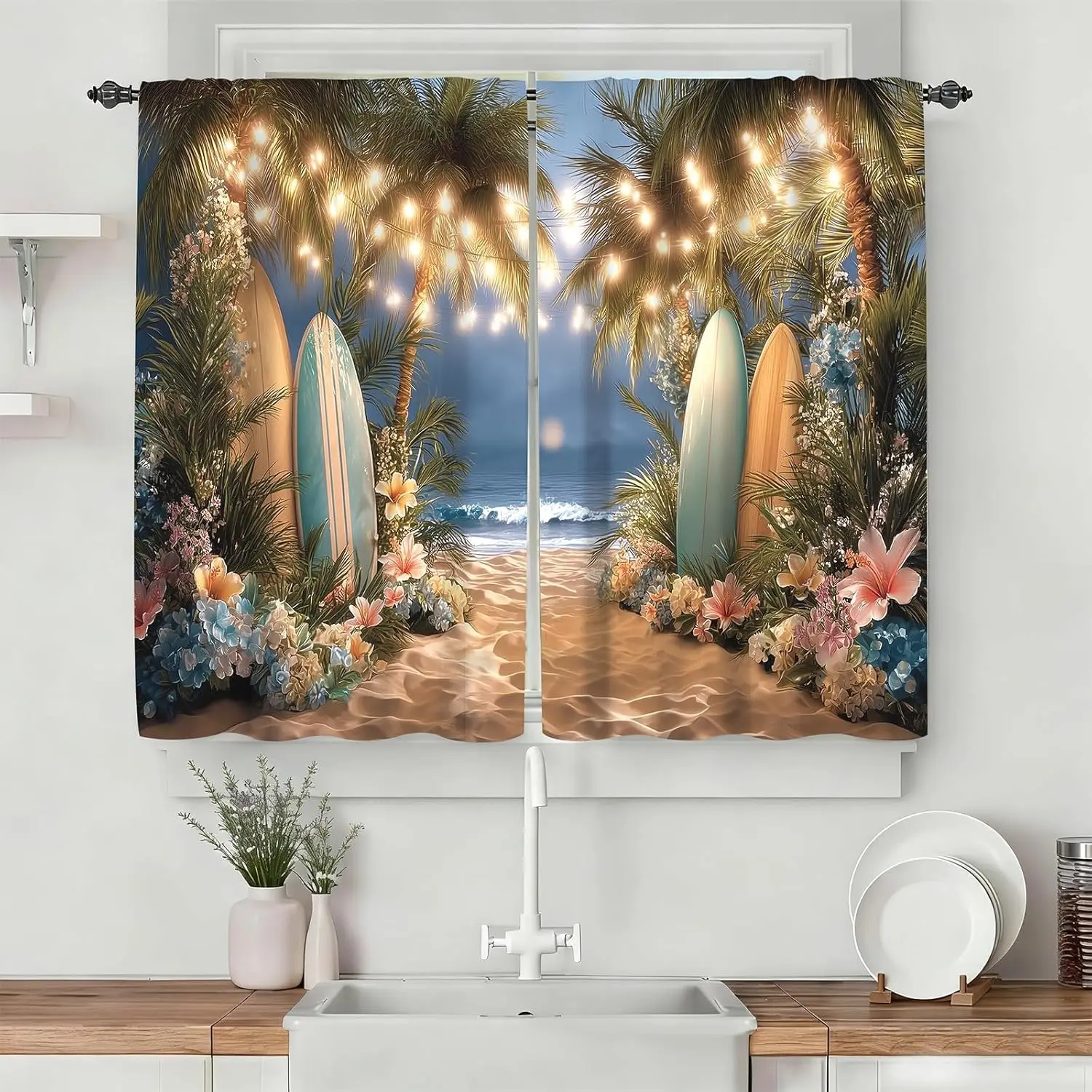 Tropical Beach Scene Curtain Set 2pcs Boho Summer Window Curtains Palm Tree Ocean Decor Waterproof Household Supplies
