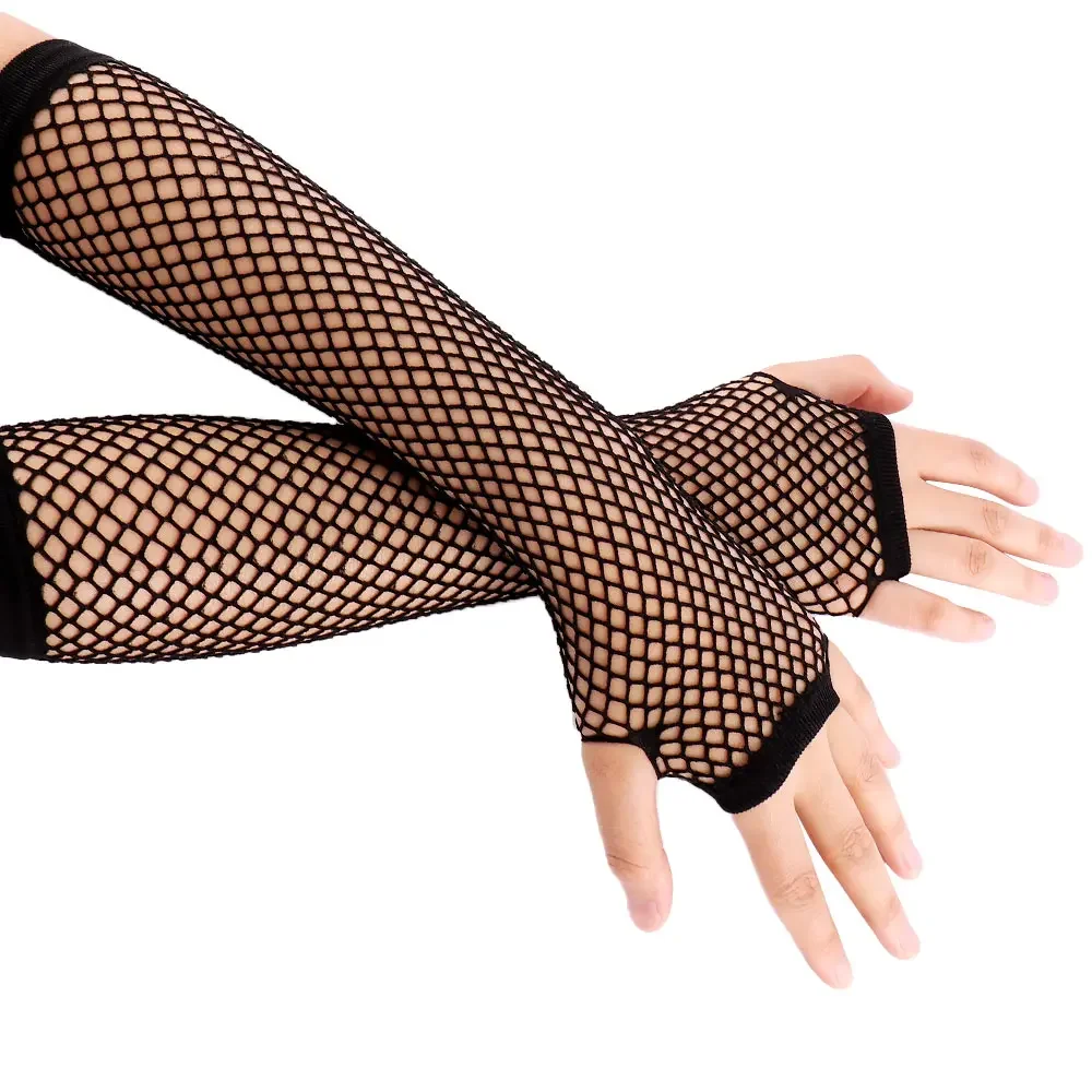 1 Pair Sexy Women Party Neon Fishnet Fingerless Long Gloves Sun Protection Sleeves Mesh Lace Thin Gloves Summer Arm Warmer