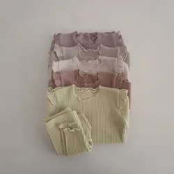 2024 Herfst Nieuwe Baby Lange Mouw Pyjama Set Baby Meisjes Katoenen Geribbelde Home Wear 2 Stuks Pak Effen Peuter Jongens Nachtkleding Outfits