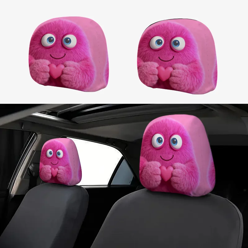 Pink Fluffy Cute Creature Holding Heart Illustration Print Car Headrest Cover, 2D Flat, Ideal  Perfect Car Interior Accessory