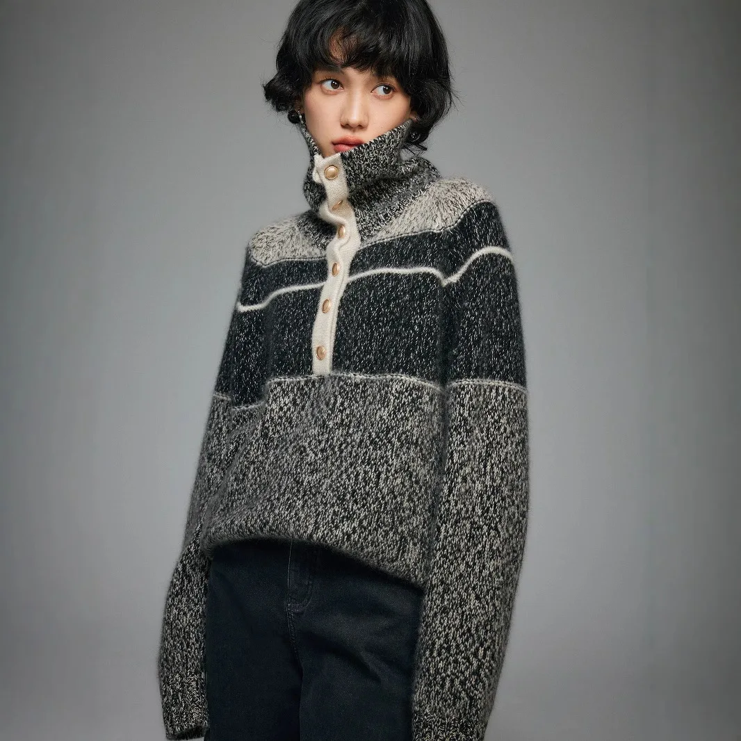 100% кашемир, универсальный французский воротник с акцентом, серый цвет, контрастный свитер, вязаный свитер