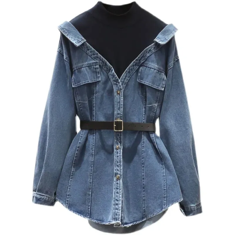 Veste en jean design pour femme, haut cowboy décontracté, épissage faux deux, vestes chemise en jean, grand manteau en denim, printemps, automne, mode 2024