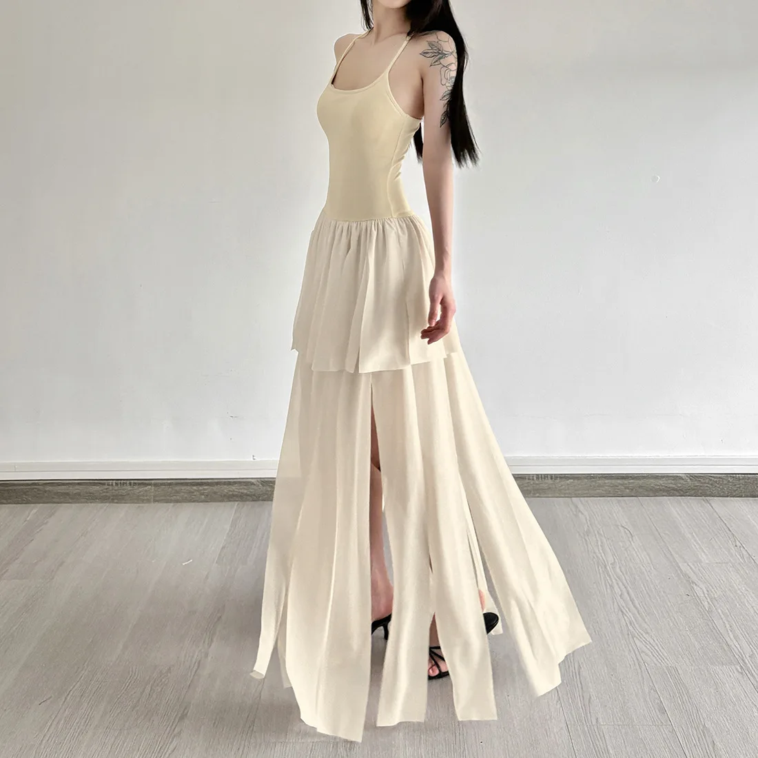 Verão novo cor sólida fino ajuste cintura irregular emagrecimento dupla camada vestido versátil para mulher