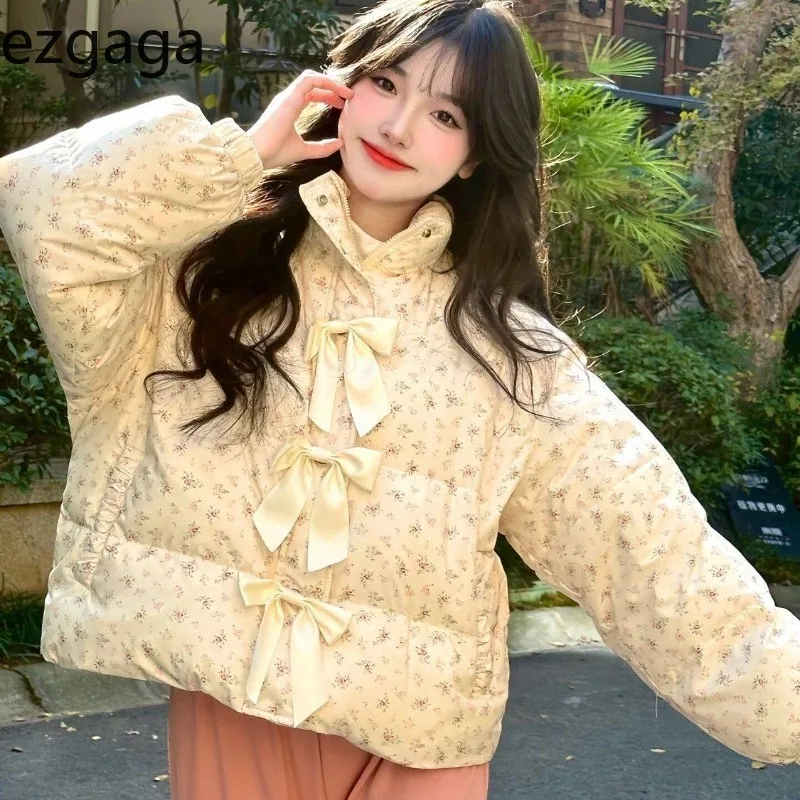 Ezgaga Winter Coat Women Sweet Floral Bow Loose Stand Collar Zipper Fluffy Loose Parkas Fashion Elegant Puffer Jackets Ladies