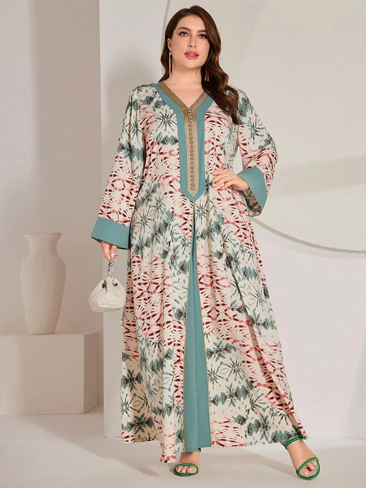 

TOLEEN 2024 New Summer Print A-Line Abaya Elegant Long Dresses Plus Size Women's Tie-Dye & Patchwork Woven Belt Arabic Clothing