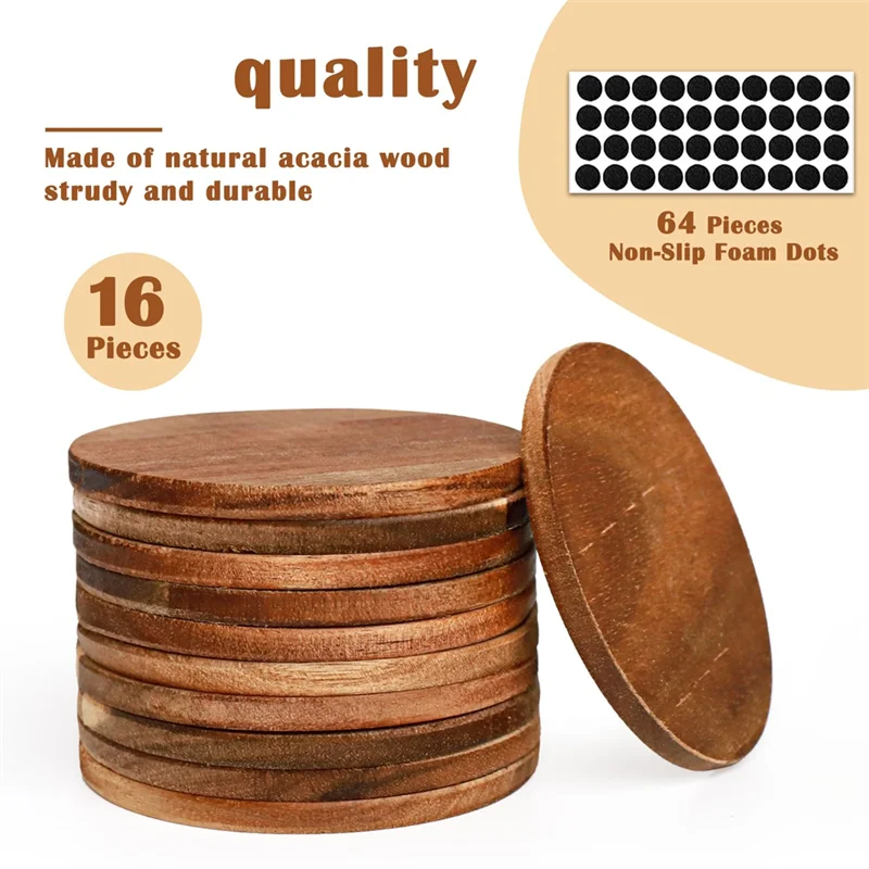 ABLK Unfinished Wood Coasters(16 Pieces), 4 Inch Round Wooden For Crafts With Non-Slip Silicone Dots For DIY Staining Projects