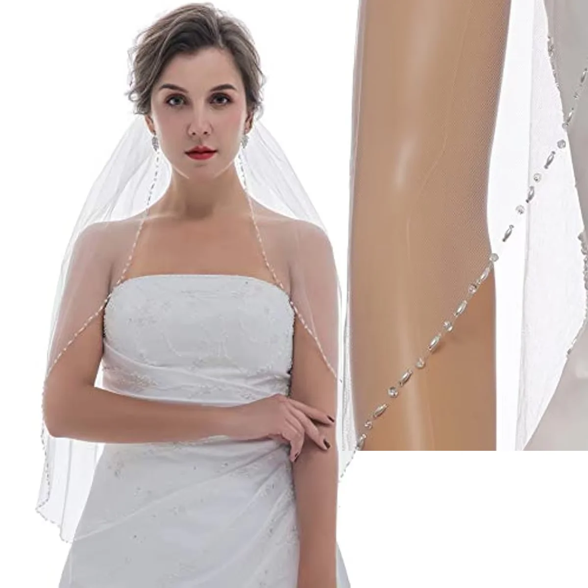 

1 Tier Elegant Beaded Crystal Pearls Edge Wedding Veil White Ivory Long Bridal Veil with Comb Velos De Novia Largos