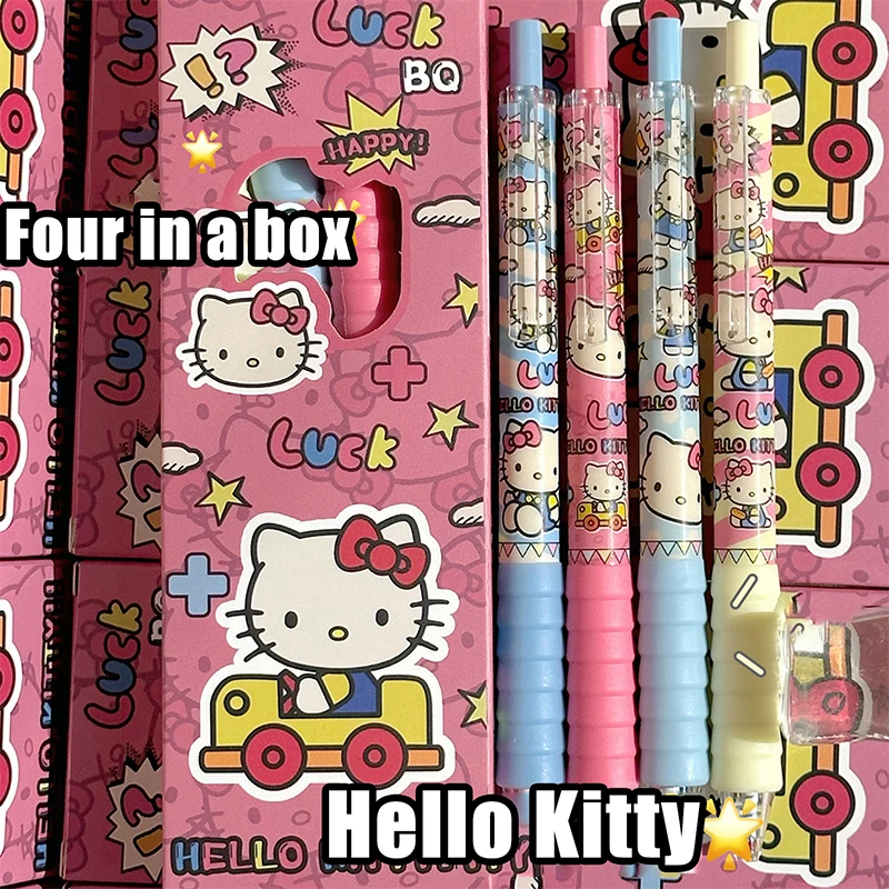 4Pcs/box Hello Kitty Gel Pens Kawaii Sanrio KT Cat 0.5mm Black Ink Press Water-based Pen Office Signature Pen