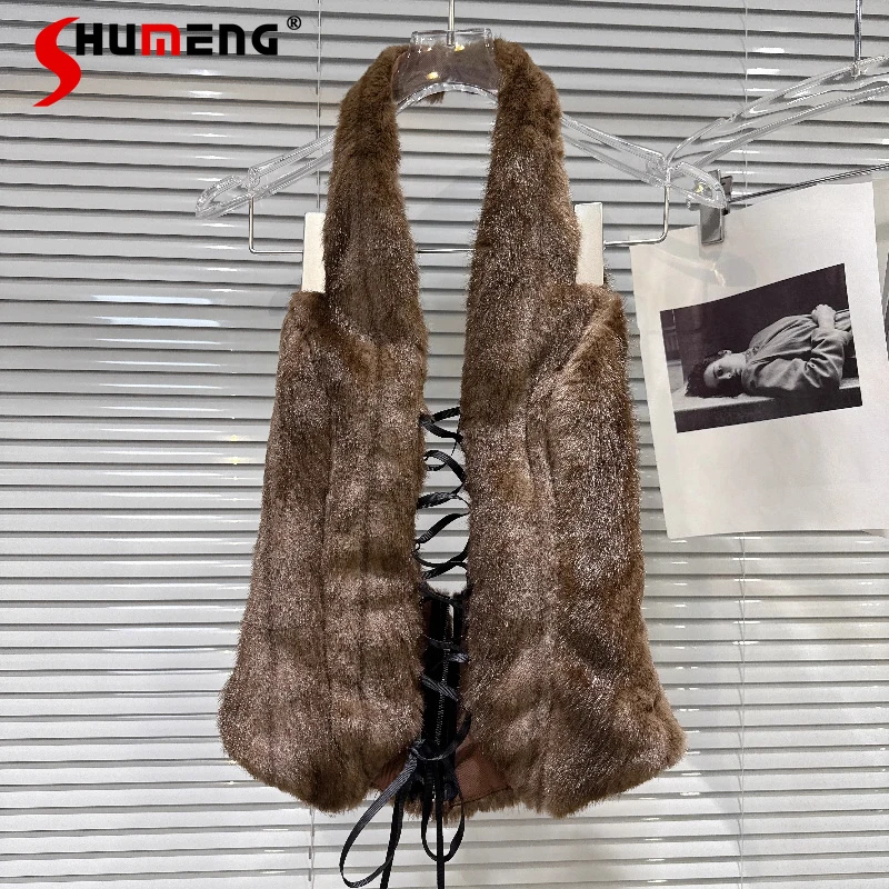 

Women 2025 Winter New Sexy Girl Vests Nice Ladies Lace Up Drawstring Tank Tops Feminine Eco-Friendly Furry Design Backless Vests
