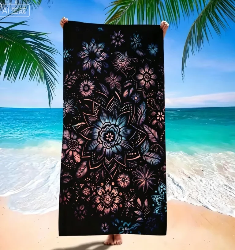 Bohemian Mandala Flower Beach Towel with Black and White Flower Design Beach Blanket for Home Decoration Bedroom and Living Room
