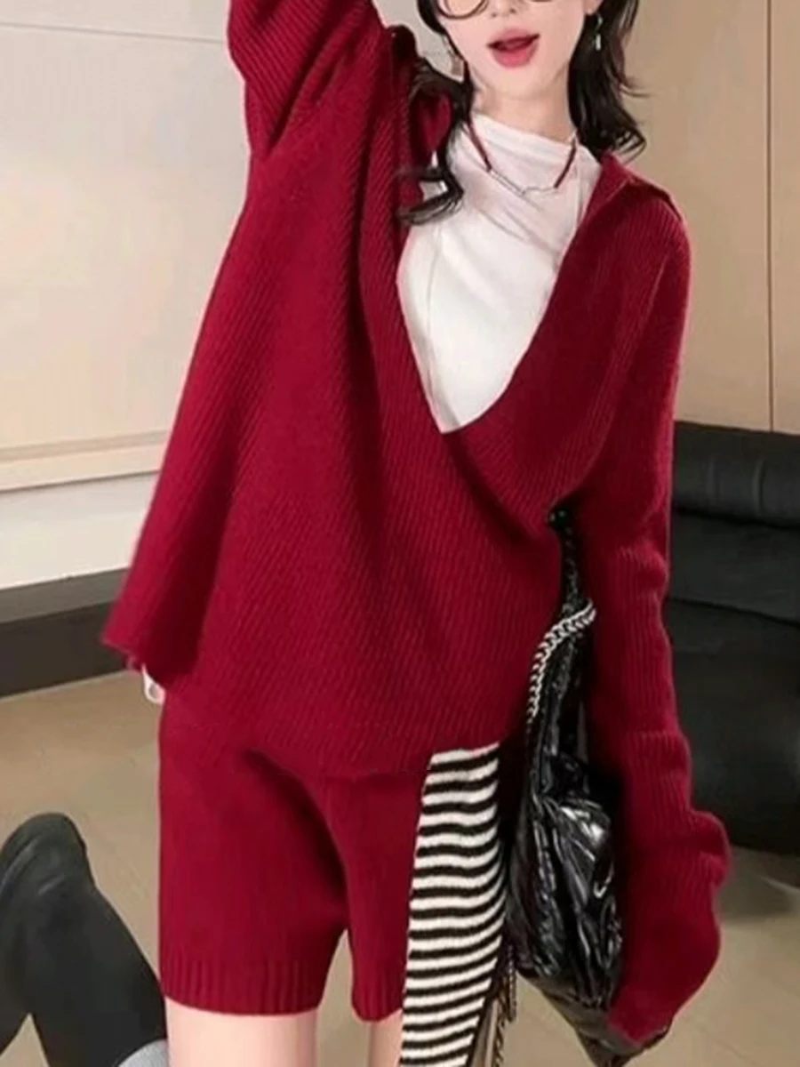 GALCAUR Red Two Piece Set For Women Deep Neck Long Sleeve Knitted Sweater High Waist Shorts Loose Casual Suit Female Autumn New