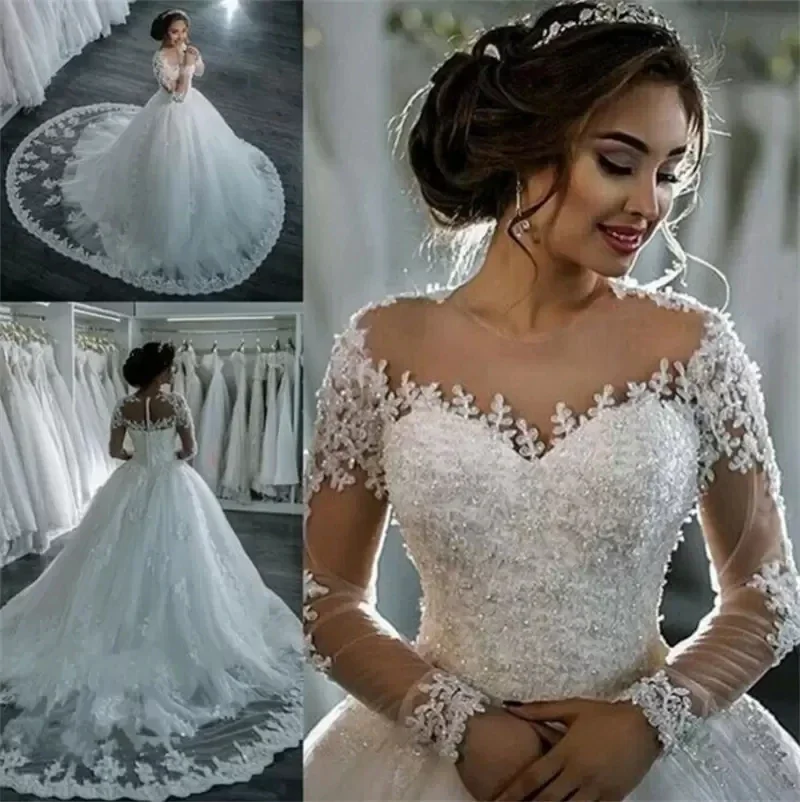 Vestidos De novia personalizados, elegante vestido De novia De corte en A, manga larga, apliques De tul con cuentas, encaje De princesa Brida