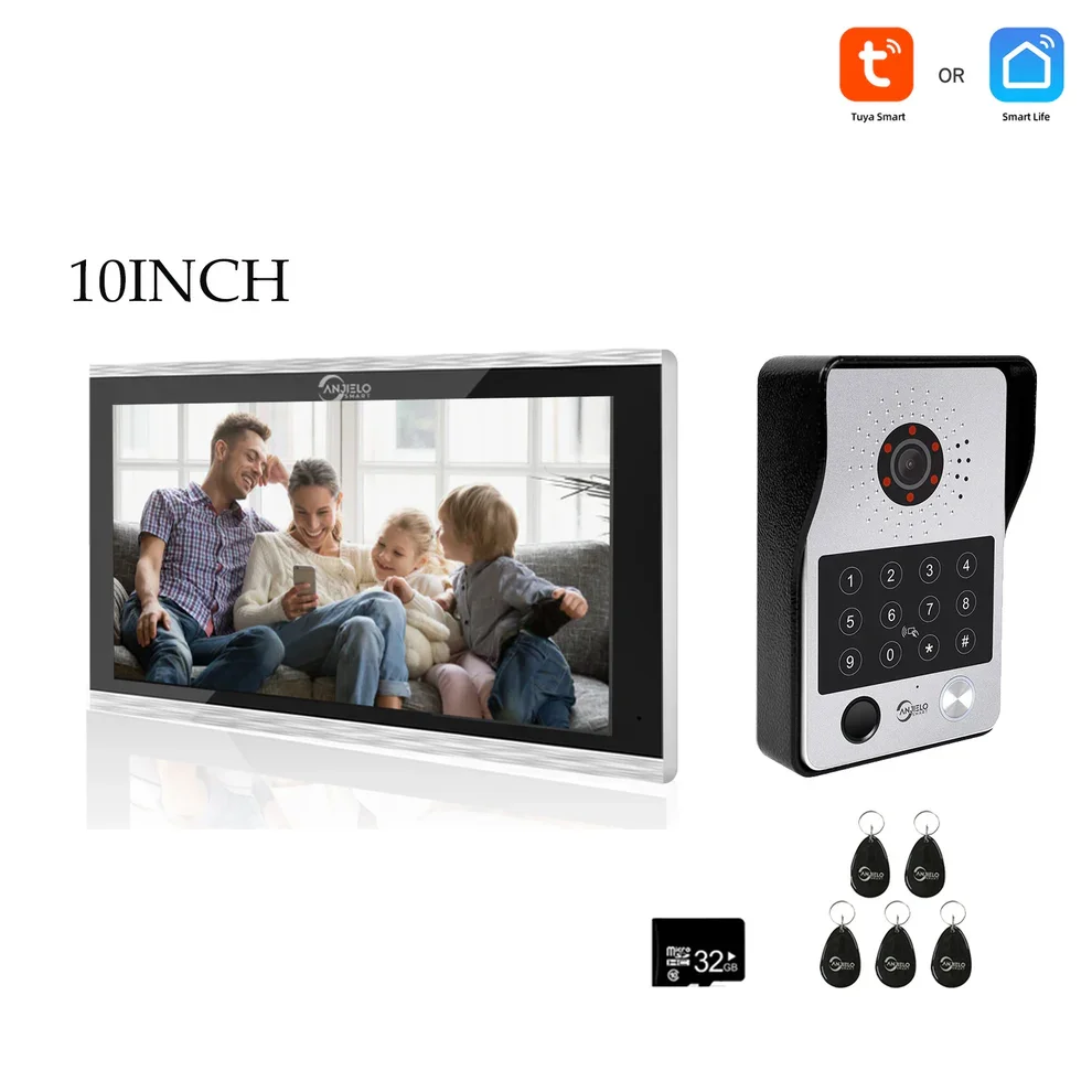 Anjielo Tuya 7/10 Inch Password Fingerprint Card Video Intercom Doorphone Touch Screen with Wired Doorbell 1080P 148° interfone