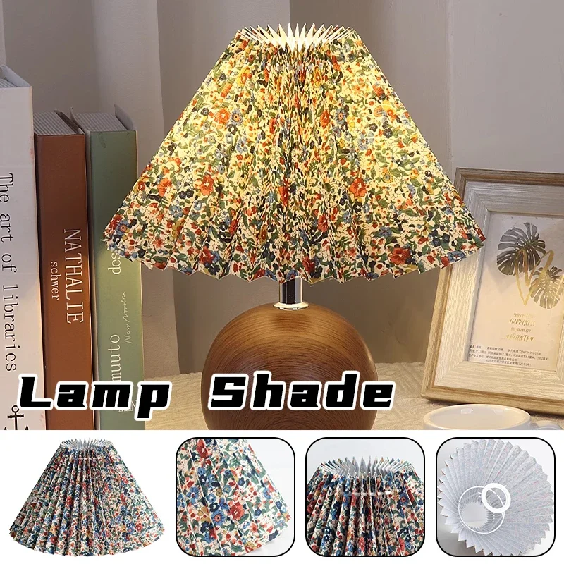 Pastoral Style Pleated Table Lampshade Linen Fabric Retro Floral Pattern Lampshades Bedroom Hotel Bedside Floor Lamp Cover