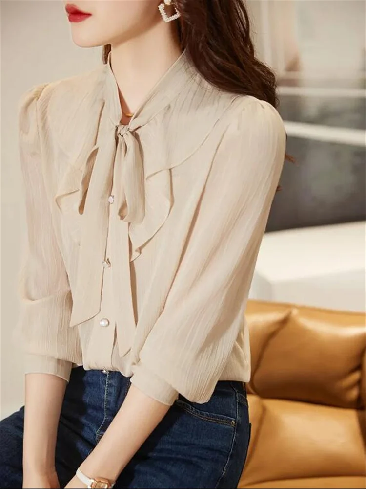 Lace Up Top Fashion Blouses Bow Women Shirts Long Sleeve Women's Clothes Blouse OL Leading Shirt Professional Women's Shirt