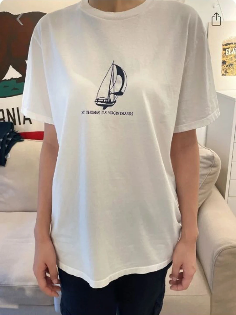 Sailboats Print Loose T-shirts Woman Summer Short Sleeve O-Neck Oversized Tee Shirts American Vintage Streetwear Y2k T Shirt Top