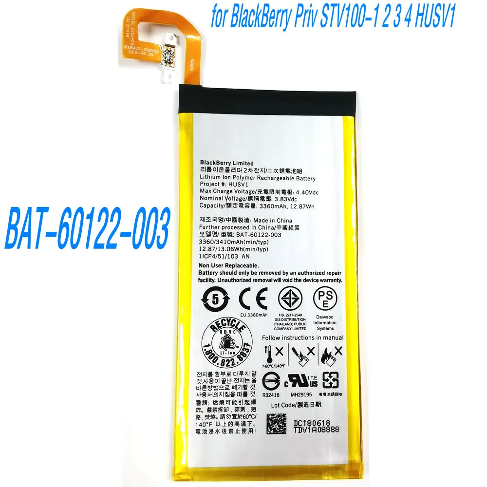3.83V 3360mAh BAT-60122-003 High-Quality Battery for BlackBerry Priv STV100 1 /2/ 3 /4 HUSV1 Smartphone