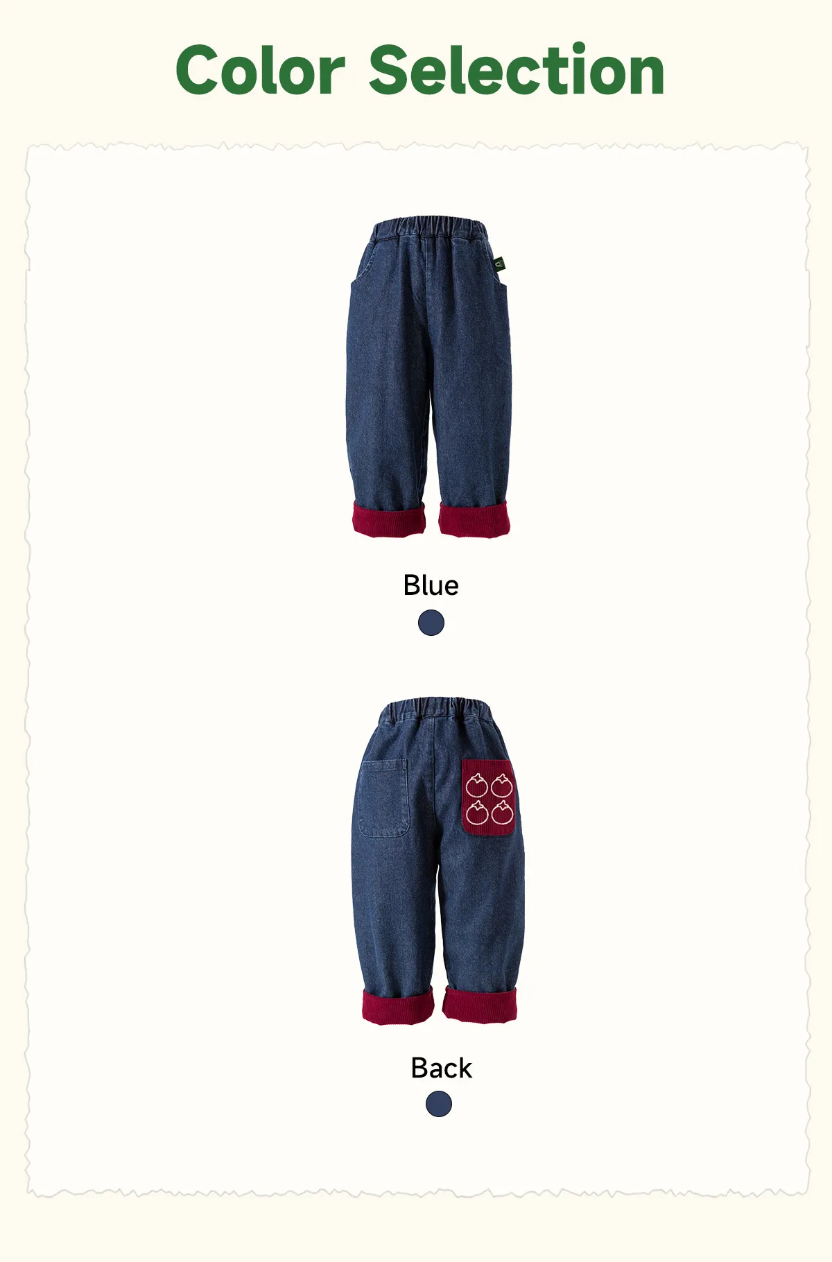Amila 2026 Kinder Winter Denim-Plüsch-Freizeithose Rot Gestrickte Beine mit Bündchen Fruchtmuster Gesäßtasche Modisch und Niedlich – Detail 6