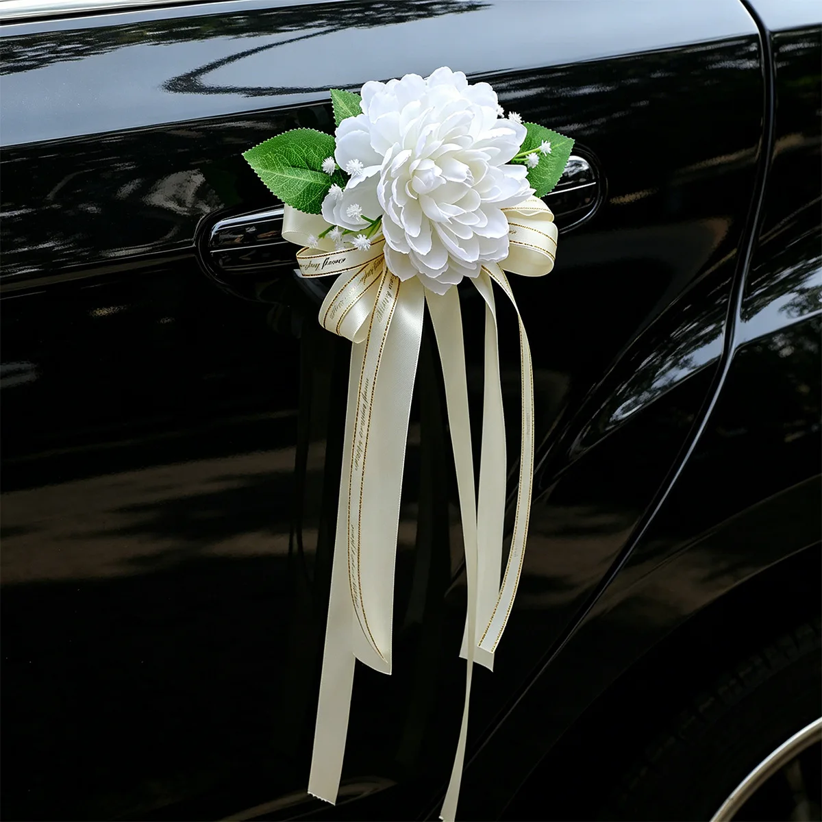 Yannew 4/6pcs White Dahlia Wedding Car Door Handle Decoration Car Rearview Mirror Flowers with Ribbon Just Married Auto Decor